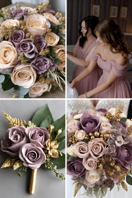 A photo collage of mauve and gold wedding color ideas.