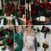 A photo collage of emerald green, red, black, and gold wedding color ideas.