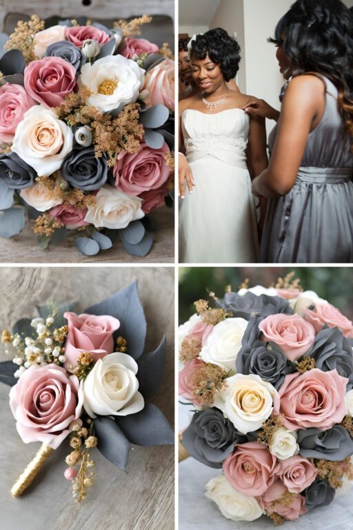 A photo collage of old rose, dark grey, gold, and white wedding color ideas.