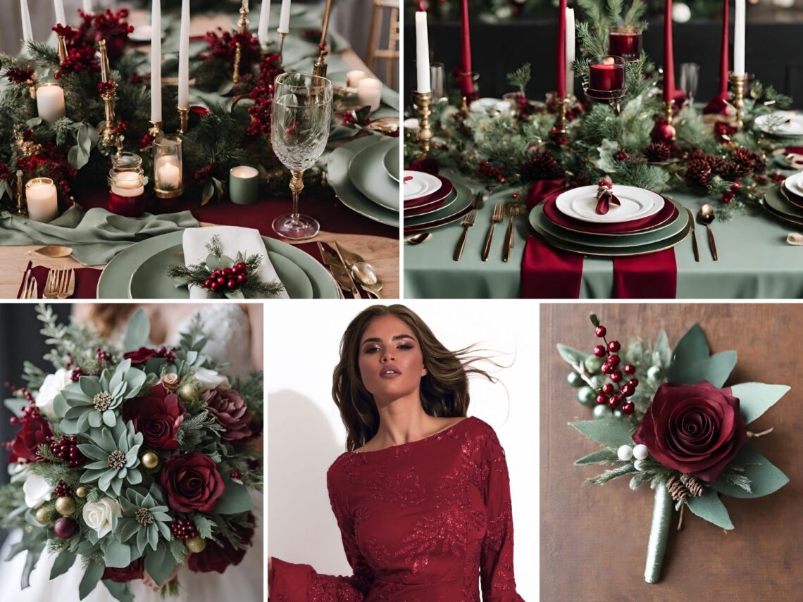 A photo collage of sage green and wine red Christmas themed wedding color ideas.