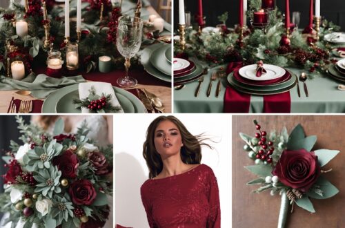 A photo collage of sage green and wine red Christmas themed wedding color ideas.