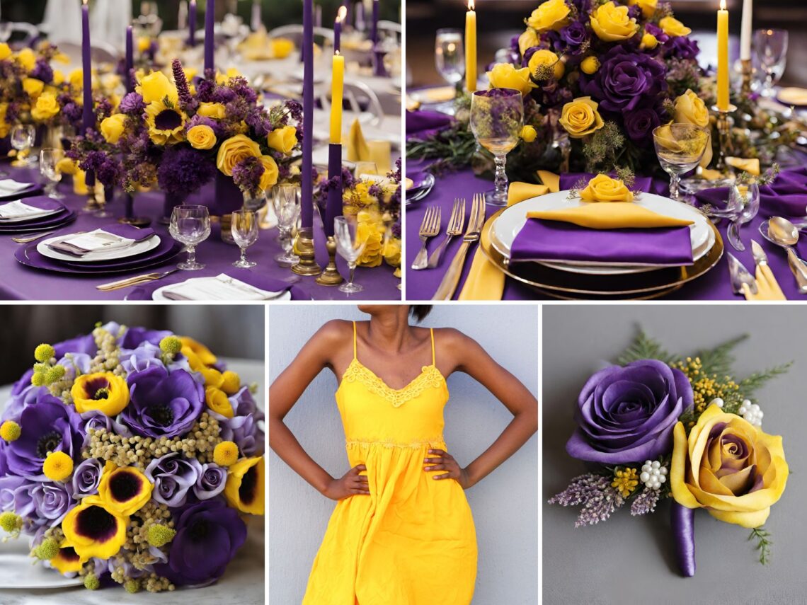 A photo collage of purple and yellow wedding color ideas.