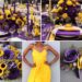 A photo collage of purple and yellow wedding color ideas.