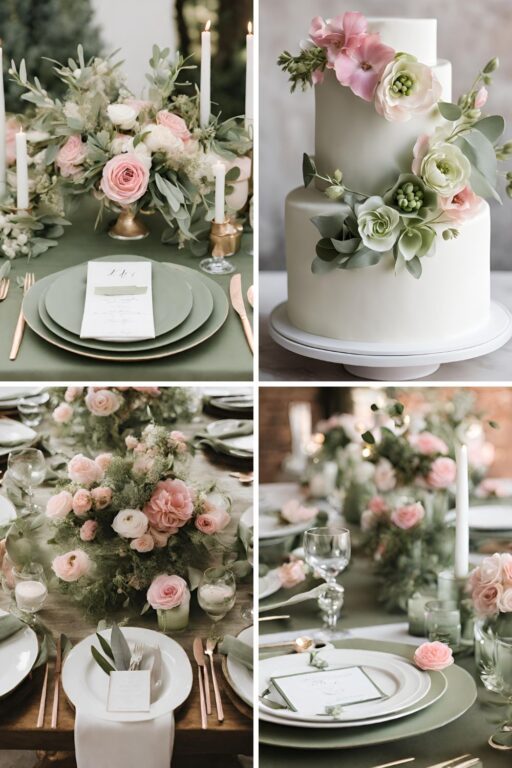 A photo collage of olive green, sage green, and sweet pink wedding color ideas.