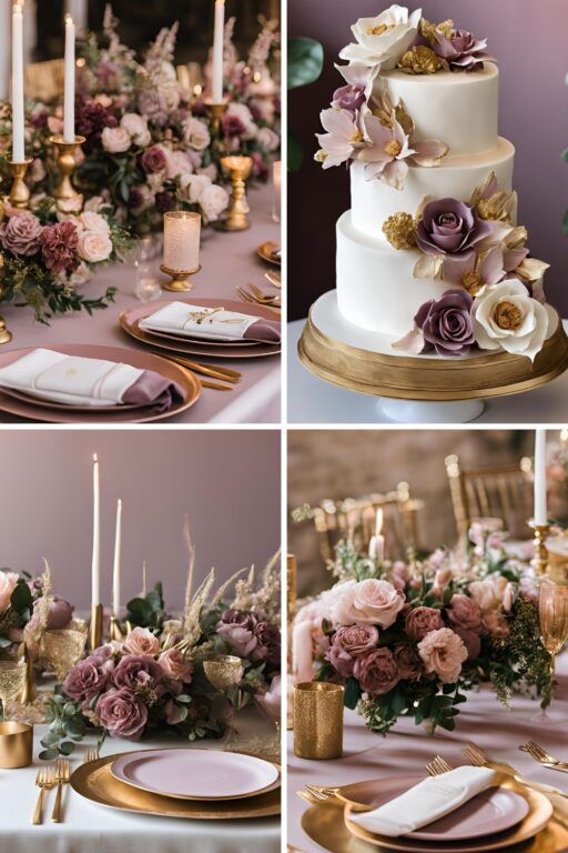 A photo collage of mauve and gold wedding color ideas.