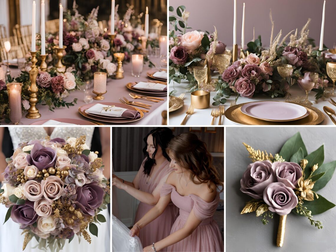 A photo collage of mauve and gold wedding color ideas.