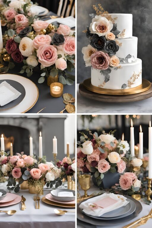 A photo collage of old rose, dark grey, gold, and white wedding color ideas.