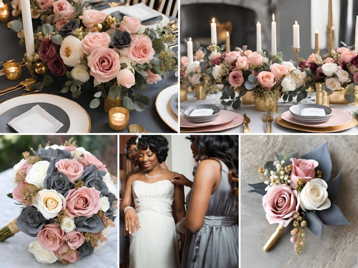 A photo collage of old rose, dark grey, gold, and white wedding color ideas.