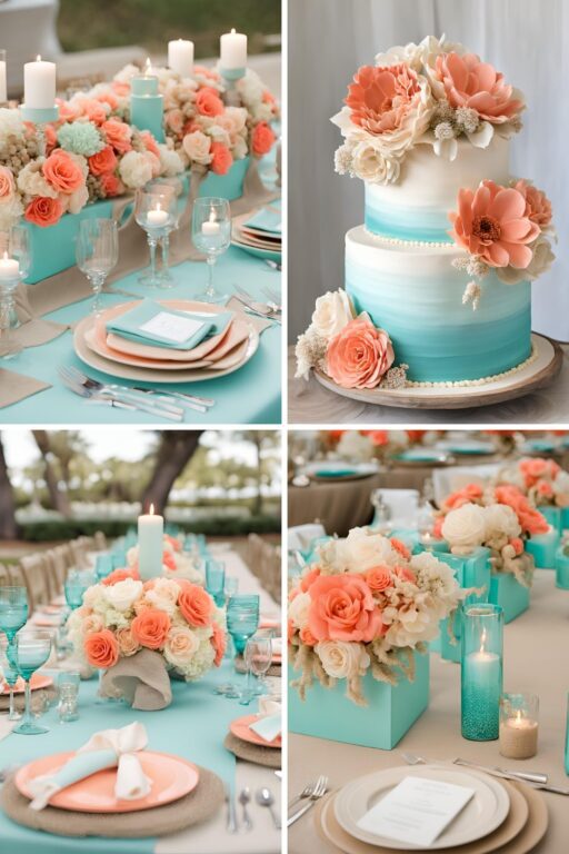A photo collage of muted tiffany blue, coral, and sand wedding color ideas.