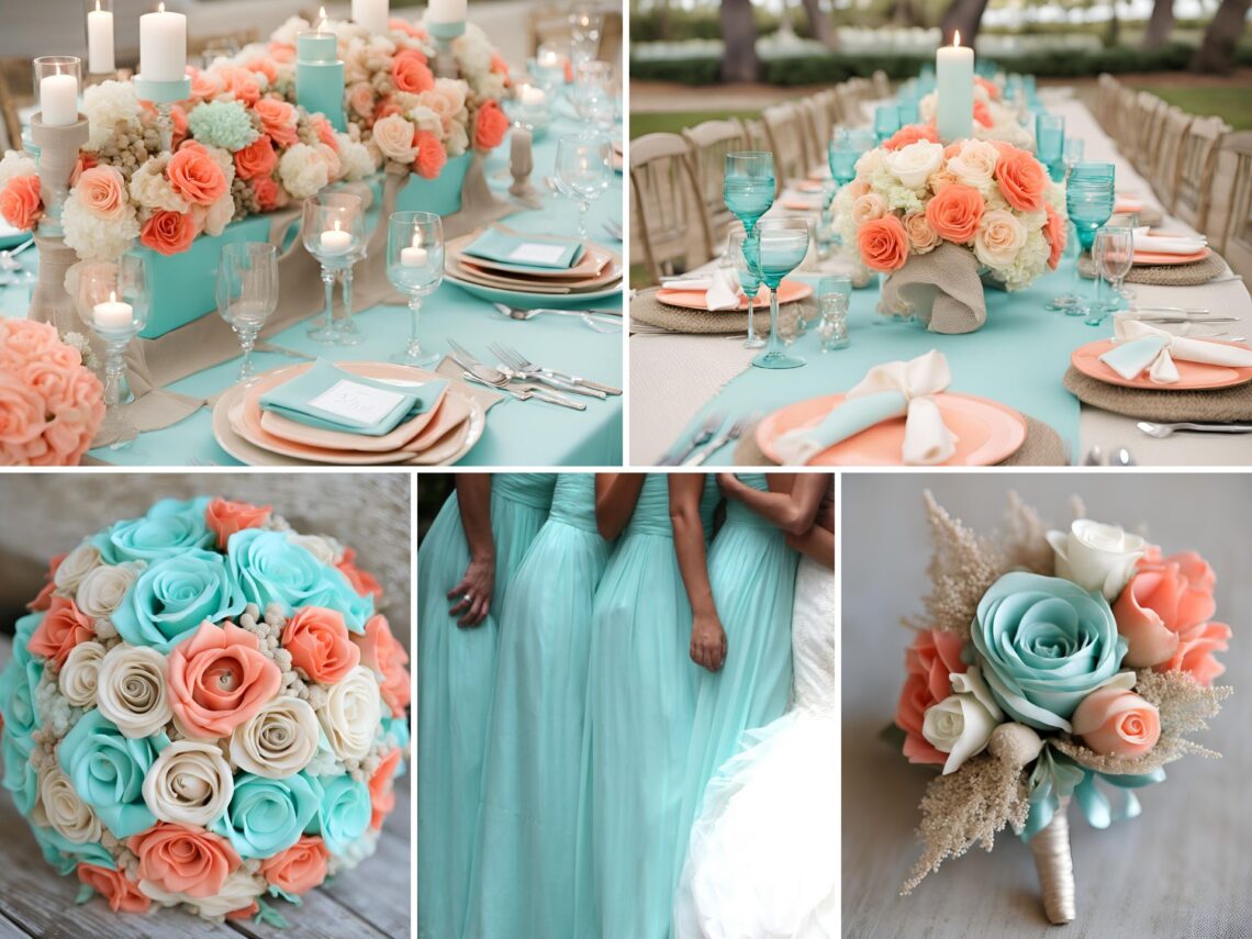 A photo collage of muted tiffany blue, coral, and sand wedding color ideas.