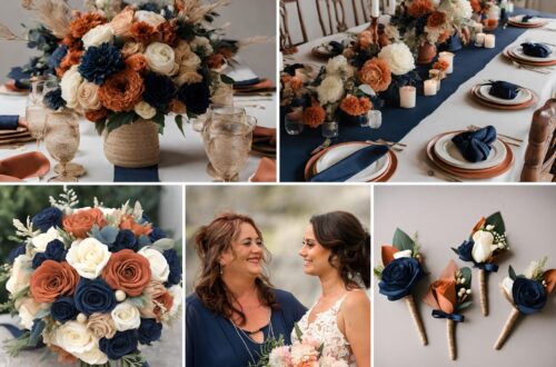 A photo collage of Navy Blue, Terracotta, Beige, and Cream wedding color ideas.