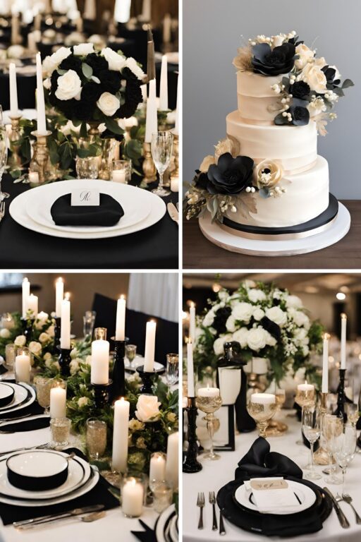 A photo collage of champagne, black, and white wedding color ideas.