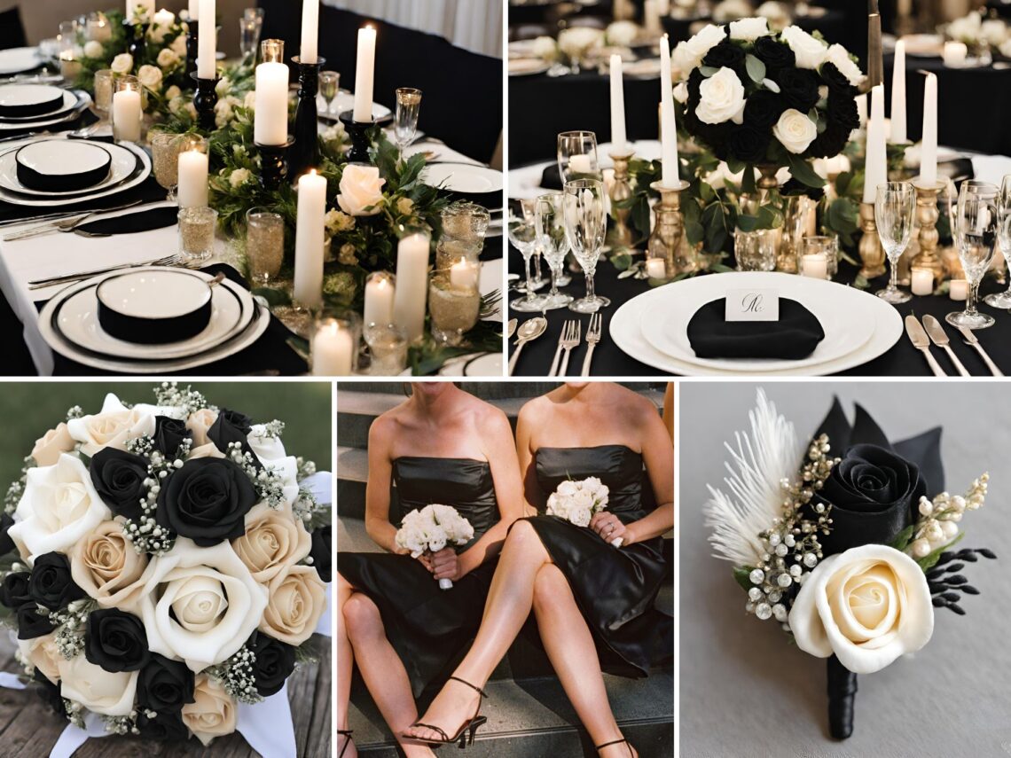 A photo collage of champagne, black, and white wedding color ideas.