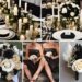 A photo collage of champagne, black, and white wedding color ideas.