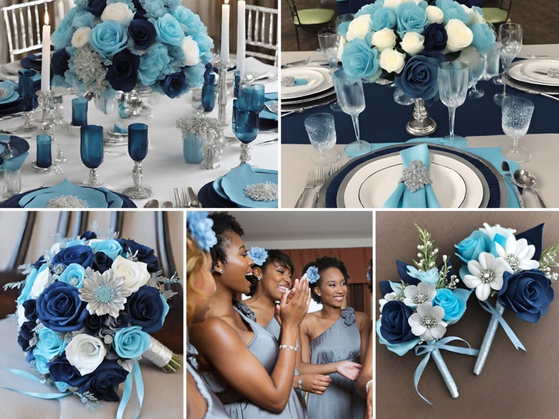 A photo collage of light cyan blue, navy blue, and silver wedding color ideas.