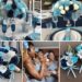 A photo collage of light cyan blue, navy blue, and silver wedding color ideas.