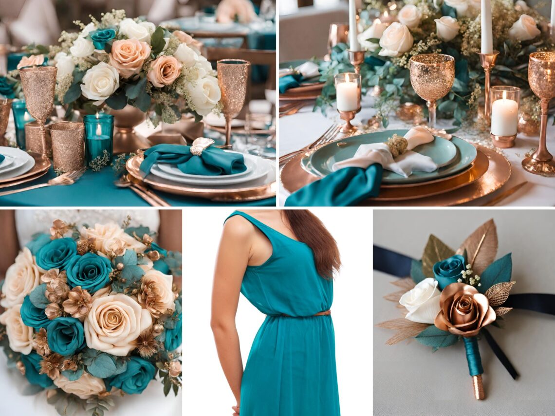 A photo collage of teal and rose gold wedding color ideas.