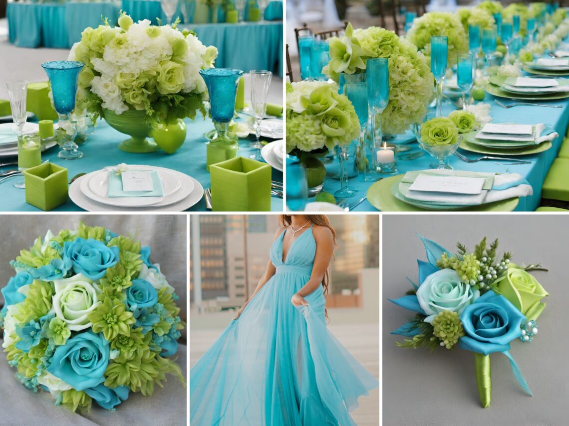 A photo collage of aqua and lime green wedding color ideas.