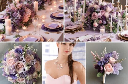 A photo collage of Baby Pink, Lilac, and Violet wedding color ideas.