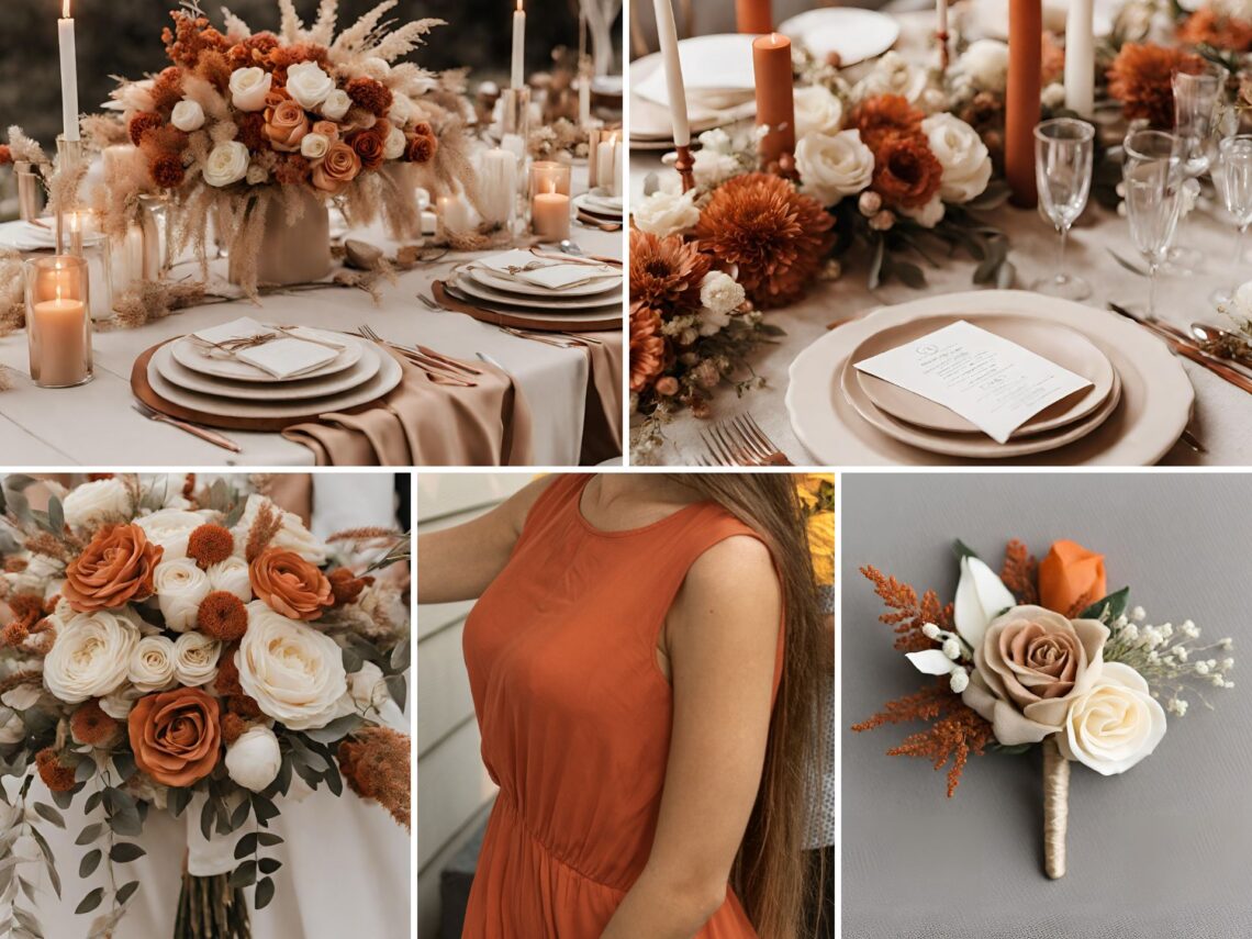 A photo collage of rust orange, beige, and cream wedding color ideas.