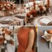 A photo collage of rust orange, beige, and cream wedding color ideas.