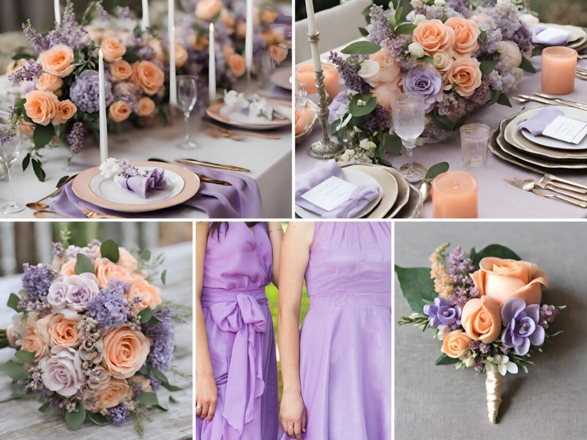 A photo collage of peach and lilac wedding color ideas.