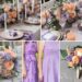 A photo collage of peach and lilac wedding color ideas.