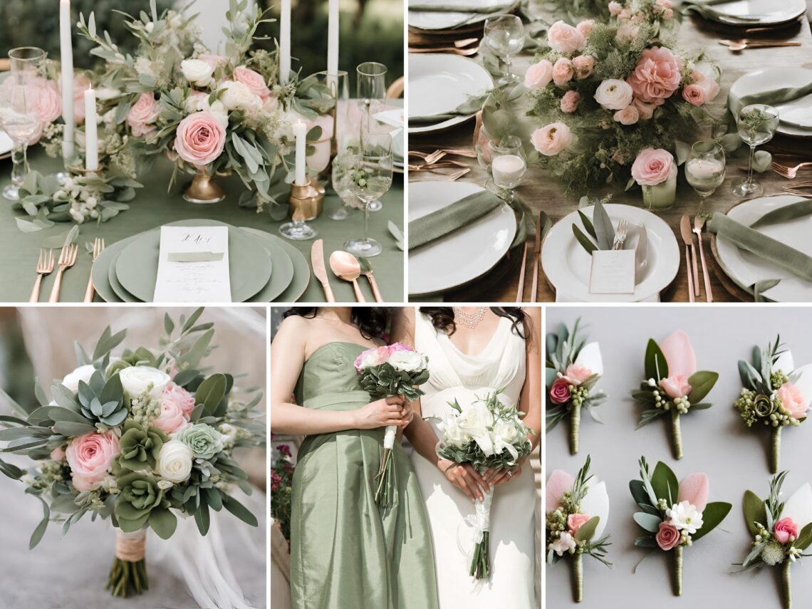 A photo collage of olive green, sage green, and sweet pink wedding color ideas.