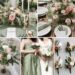 A photo collage of olive green, sage green, and sweet pink wedding color ideas.