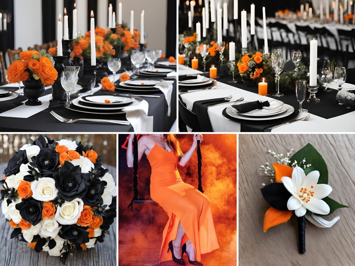 A photo collage of black and white wedding color ideas with a pop of orange.