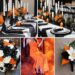 A photo collage of black and white wedding color ideas with a pop of orange.