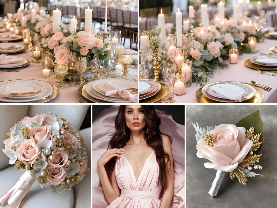 A photo collage of light pink, silver, and gold wedding color ideas.