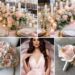 A photo collage of light pink, silver, and gold wedding color ideas.