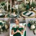 A photo collage of emerald green, sage green, ivory, and gold wedding color ideas.