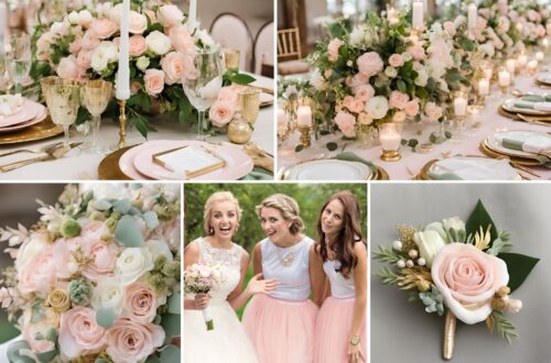A photo collage of pastel pink, gold, green, and white wedding color ideas.