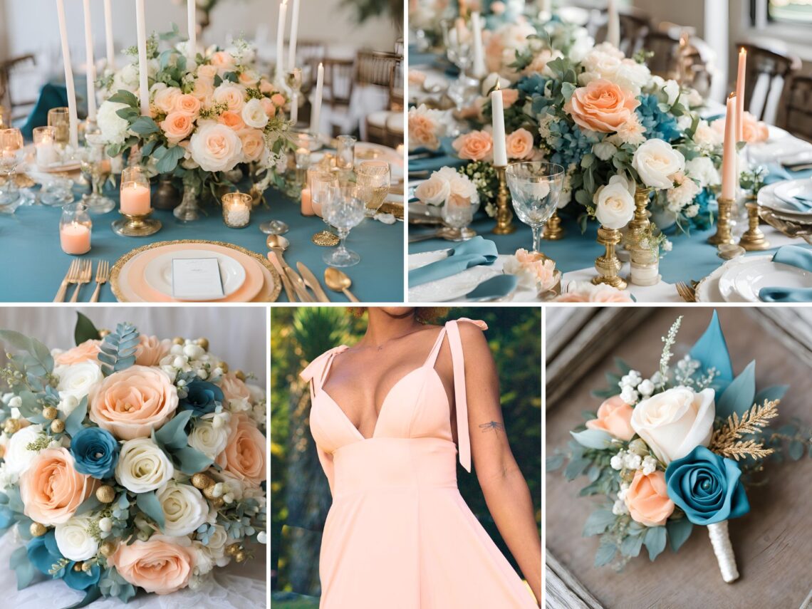 A photo collage of teal blue, pastel peach, gold, and white wedding color ideas.