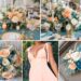 A photo collage of teal blue, pastel peach, gold, and white wedding color ideas.