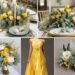 A photo collage of sage green, yellow, and gold wedding color ideas.