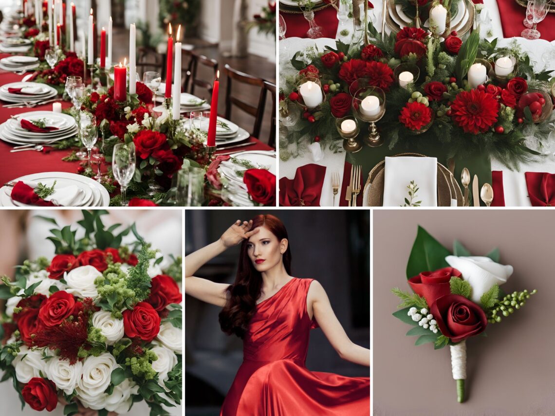 A photo collage of red, green, and white wedding color ideas.