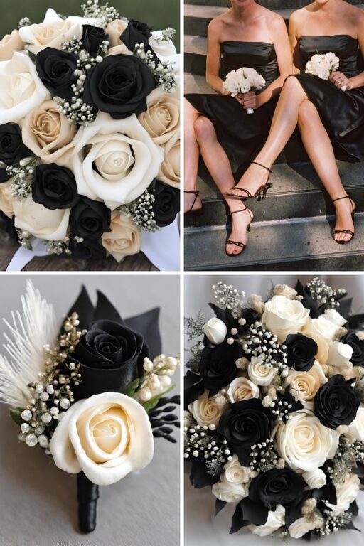 A photo collage of champagne, black, and white wedding color ideas.