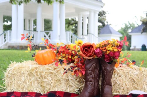 A hay bale that has mini orange pumpkins in an outdoor wedding.