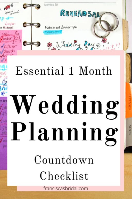 A wedding planning binder with text essential 1 month wedding countdown checklist.