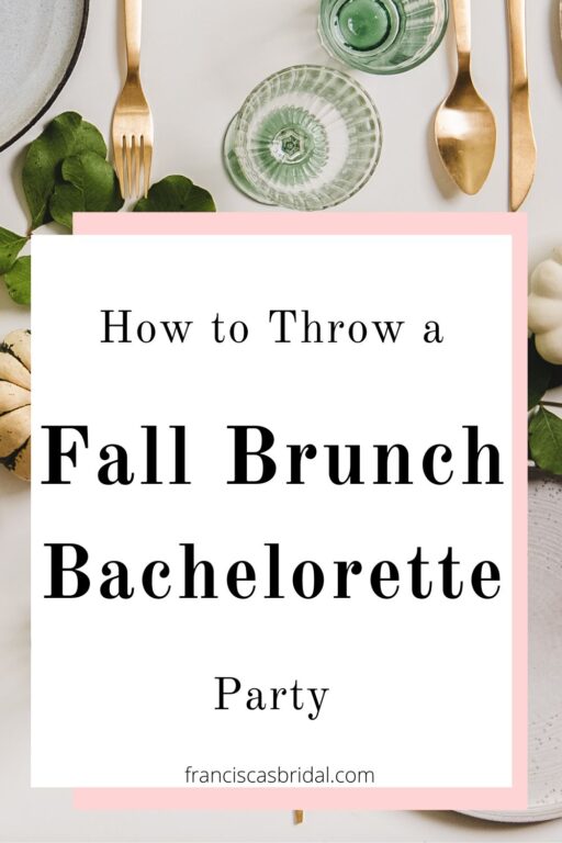 Table settings with white pumpkins and text that says brunch fall themed bachelorette party.