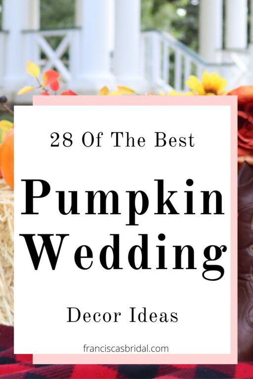 A hay bale that has mini orange pumpkins in an outdoor wedding with text pumpkin wedding decor ideas.