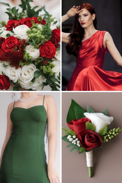 A photo collage of red, green, and white wedding color ideas.