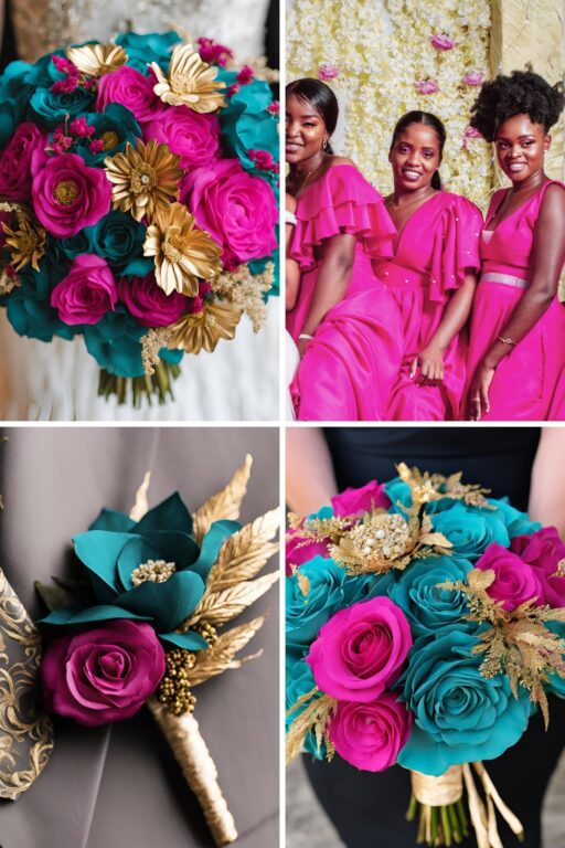 A photo collage of teal blue, fuchsia pink, and gold wedding color ideas.