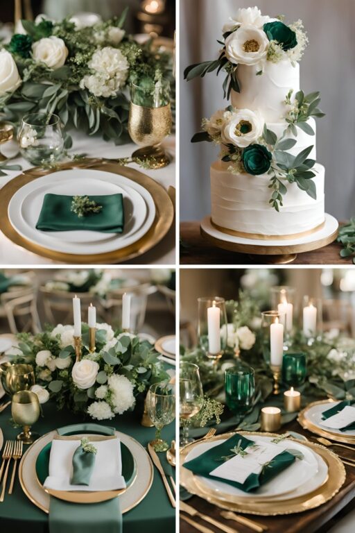 A photo collage of emerald green, sage green, ivory, and gold wedding color ideas.