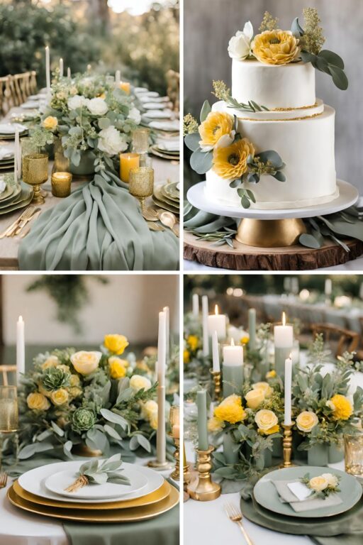 A photo collage of sage green, yellow, and gold wedding color ideas.