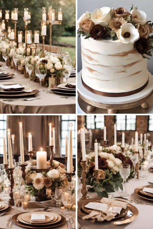 A photo collage of brown, beige, and champagne wedding color ideas.