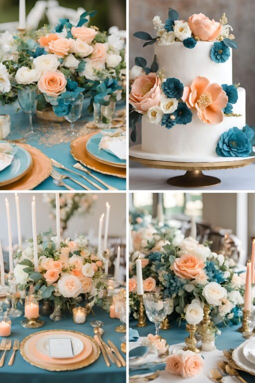 A photo collage of teal blue, pastel peach, gold, and white wedding color ideas.